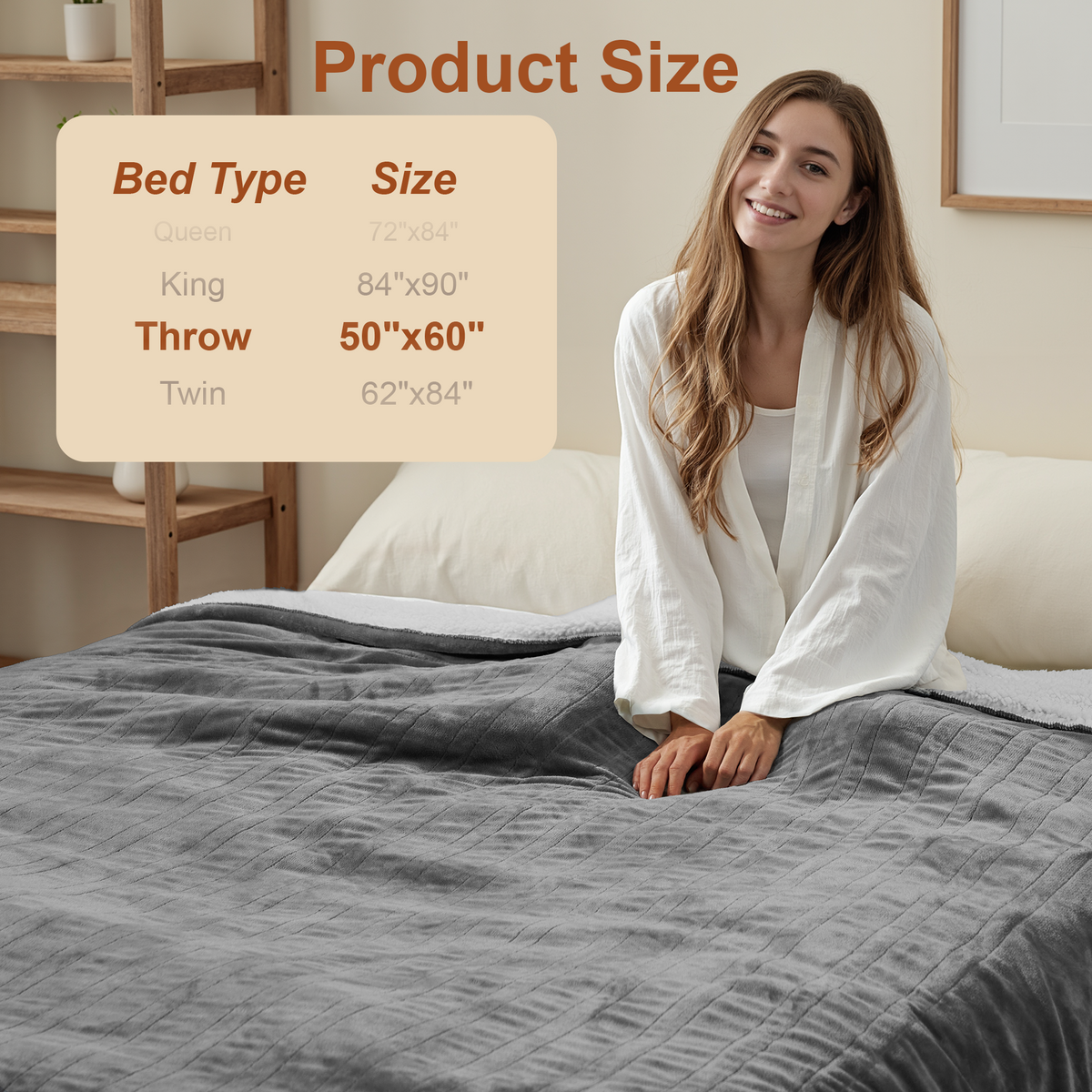 Kinetheme Heated Blanket Electric Throw, GentleSoft Flannel Heating Blanket with 12 Hours Auto-Off and 6 Heating Settings, Machine Washable Sherpa Heated Blanket with Overheating Protection, Grey