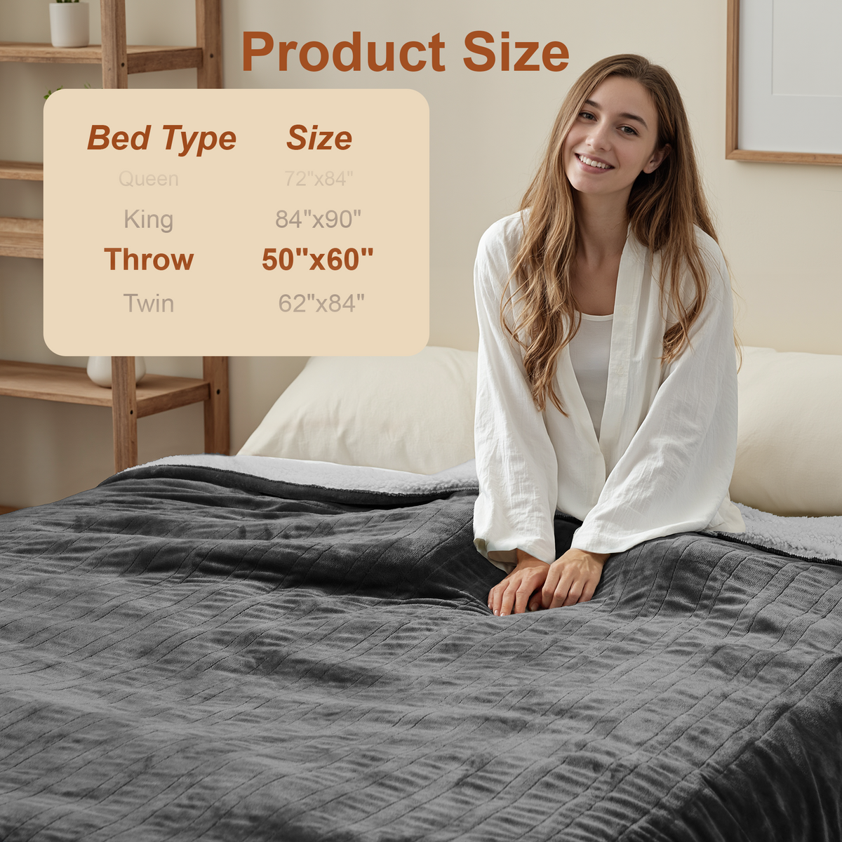 Heated Blanket Electric Throw, GentleSoft Flannel Heating Blanket with 12 Hours Auto-Off and 6 Heating Settings, Machine Washable Sherpa Heated Blanket with Overheating Protection, Dark Grey