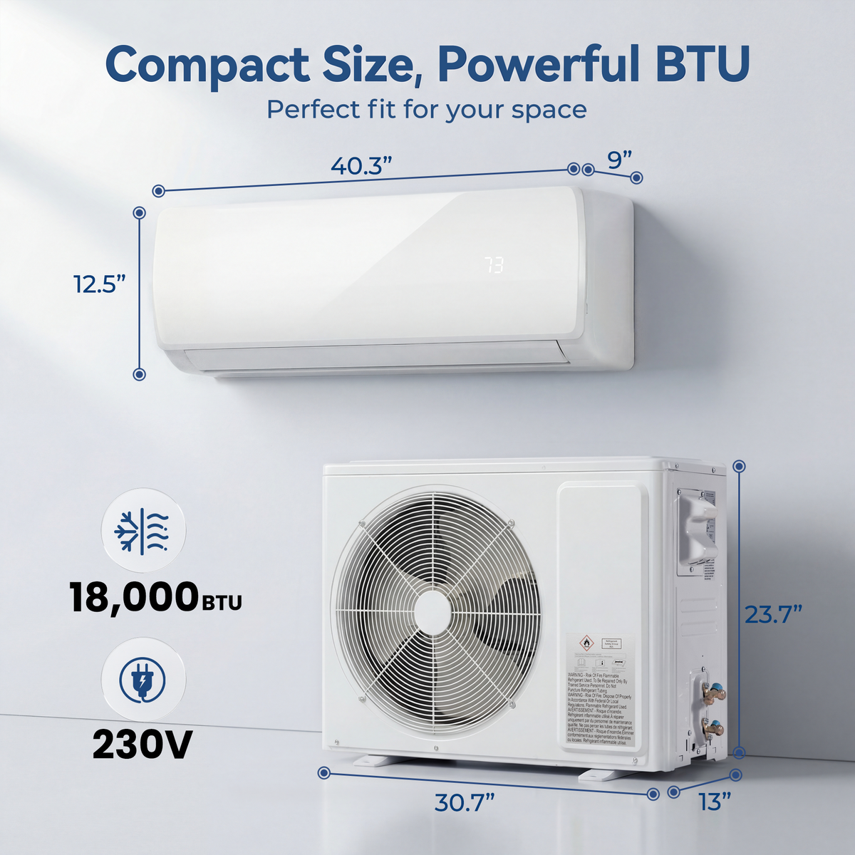 18000 BTU Mini Split AC/Heating System, 19 SEER2 230V Inverter Air Conditioner with 1 Ton Heat pump, Complete Installation Kit Included, Covers Up to 1250 Sq.Ft
