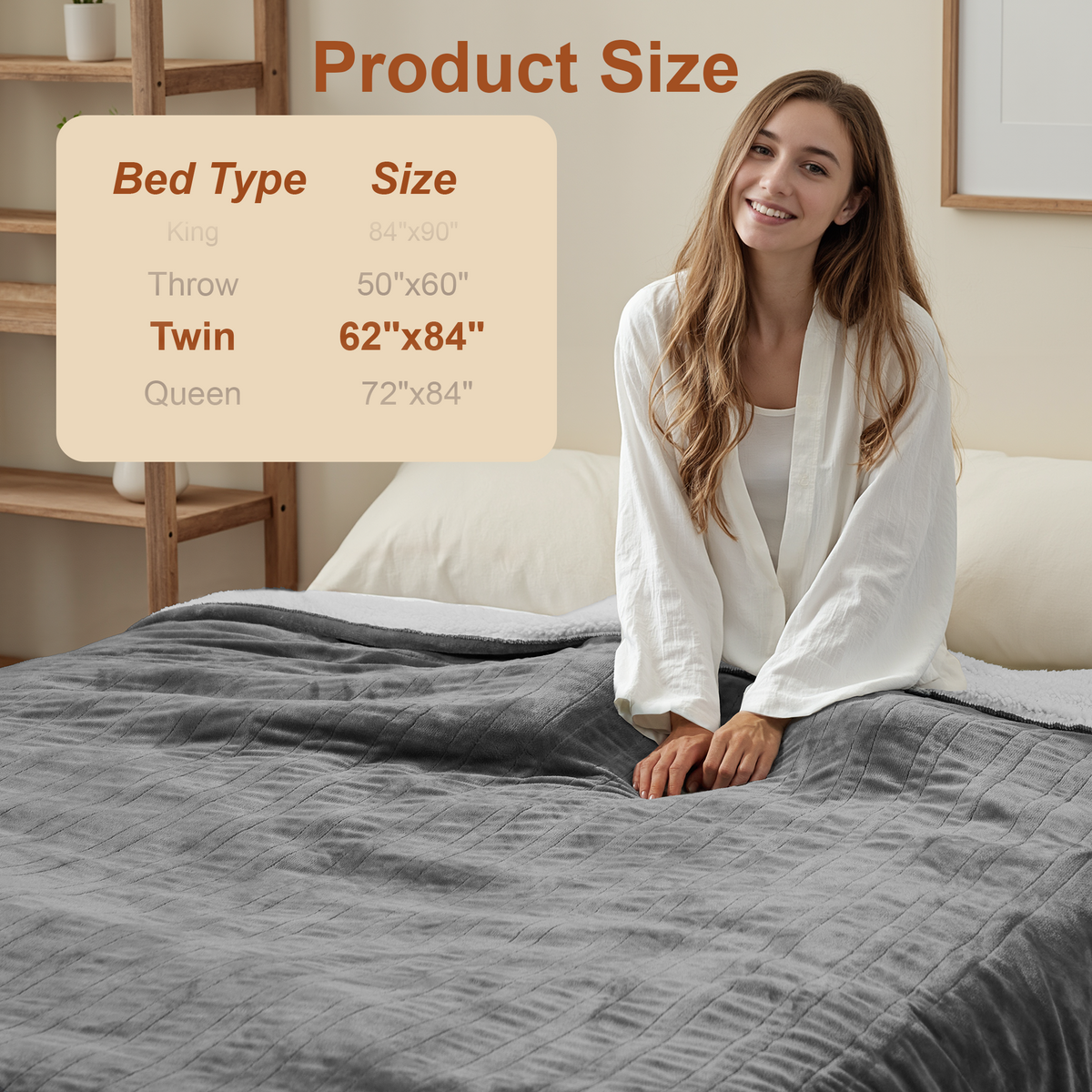Kinetheme Heated Blanket Electric Twin, GentleSoft Flannel Heating Blanket with 12 Hours Auto-Off and 6 Heating Settings, Machine Washable Sherpa Heated Blanket with Overheating Protection, Grey