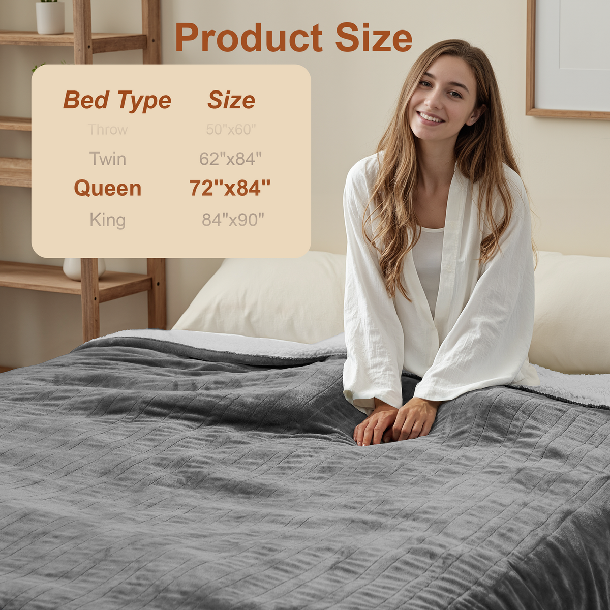 Kinetheme Heated Blanket Electric Queen, GentleSoft Flannel Heating Blanket with 12 Hours Auto-Off and 6 Heating Settings, Machine Washable Sherpa Heated Blanket with Overheating Protection, Grey