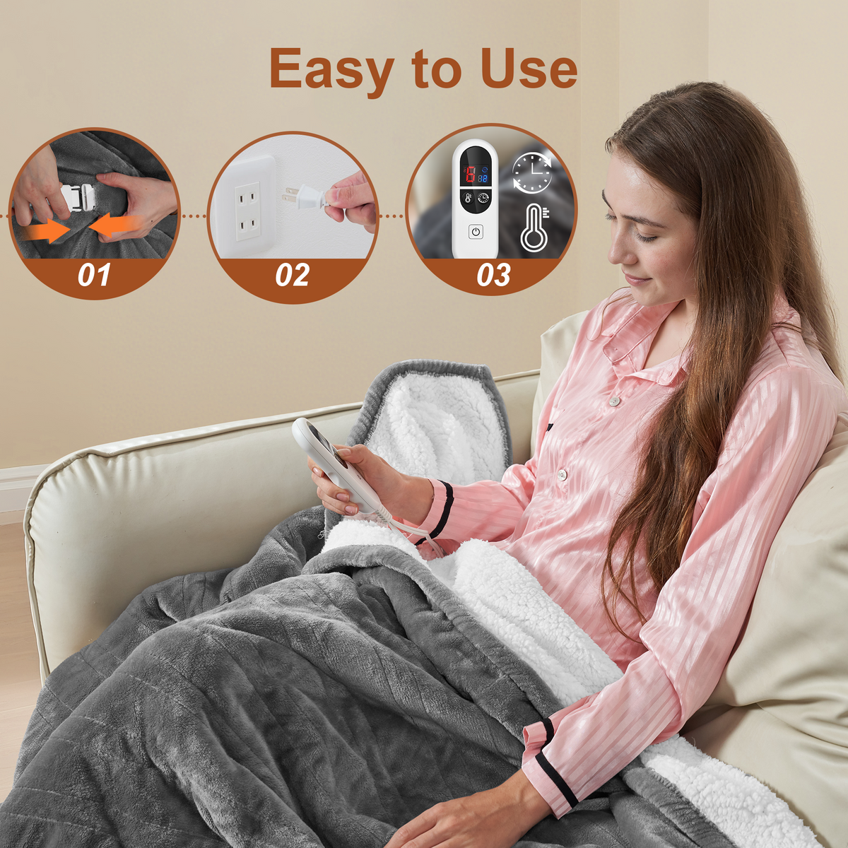 Kinetheme Heated Blanket Electric Twin, GentleSoft Flannel Heating Blanket with 12 Hours Auto-Off and 6 Heating Settings, Machine Washable Sherpa Heated Blanket with Overheating Protection, Grey