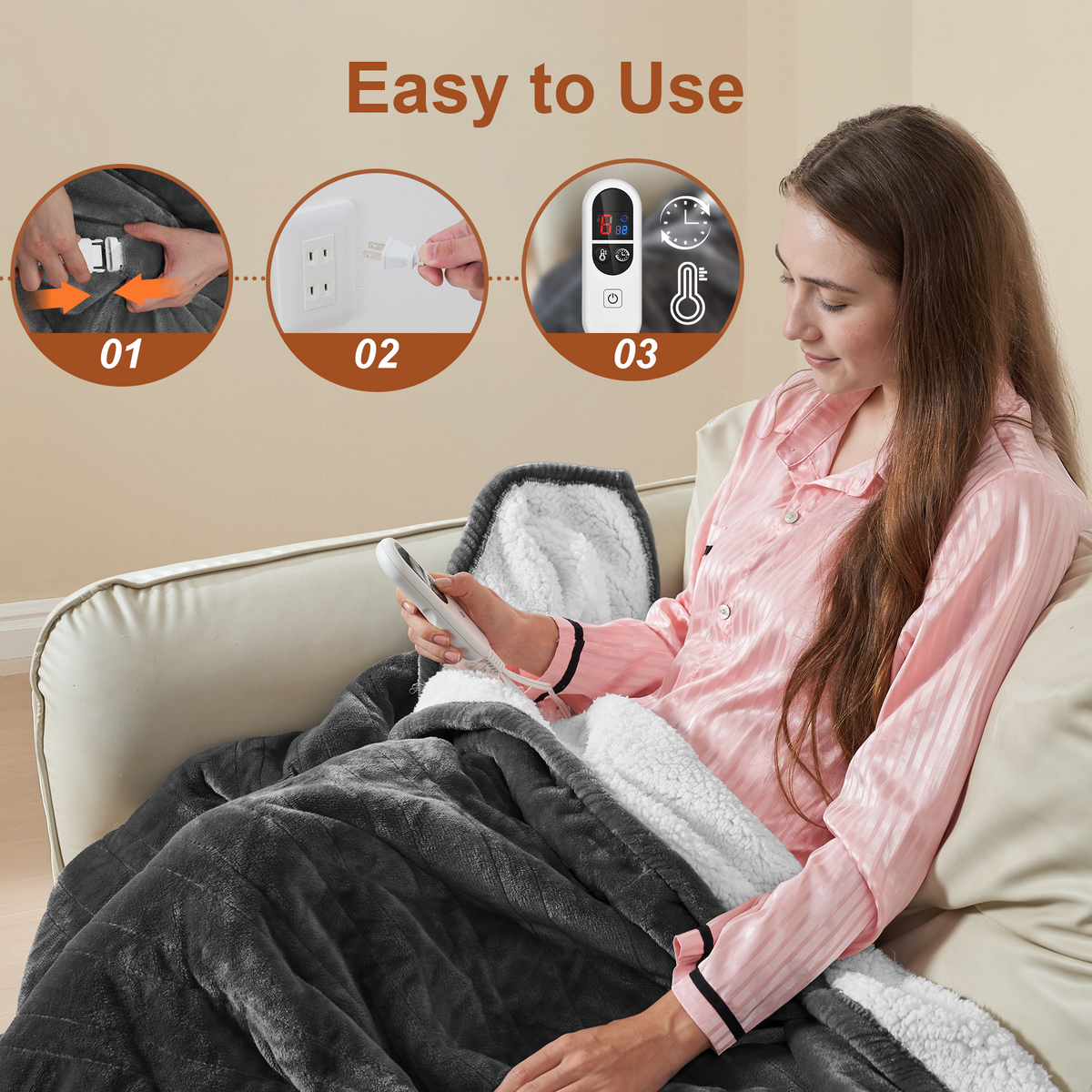 Heated Blanket Electric Throw, GentleSoft Flannel Heating Blanket with 12 Hours Auto-Off and 6 Heating Settings, Machine Washable Sherpa Heated Blanket with Overheating Protection, Dark Grey