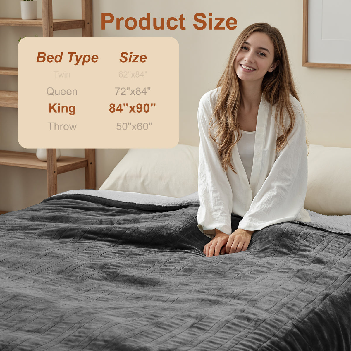 Kinetheme Heated Blanket Electric Queen, GentleSoft Flannel Heating Blanket with 12 Hours Auto-Off and 6 Heating Settings, Machine Washable Sherpa Heated Blanket with Overheating Protection, Dark Grey